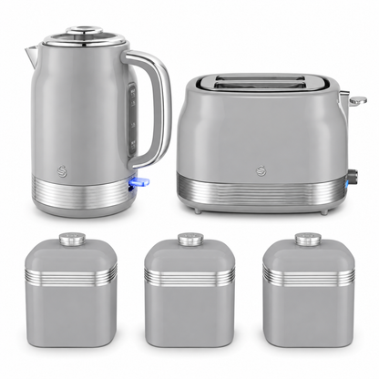 Swan Swan Retro Jug Kettle, 2 Slice Toaster & Canisters Kitchen Set (Grey)