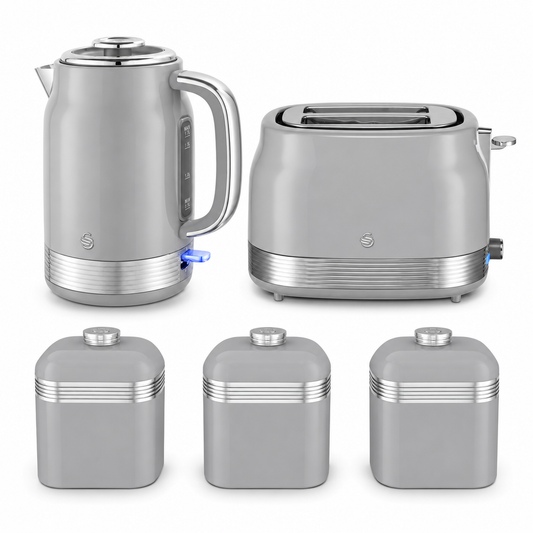 Swan Swan Retro Jug Kettle, 2 Slice Toaster & Canisters Kitchen Set (Grey)