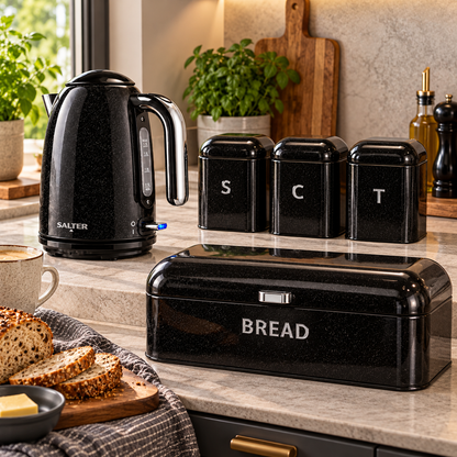 Salter Boston Kettle, Bread Bin & Canisters Kitchen Set (Black)