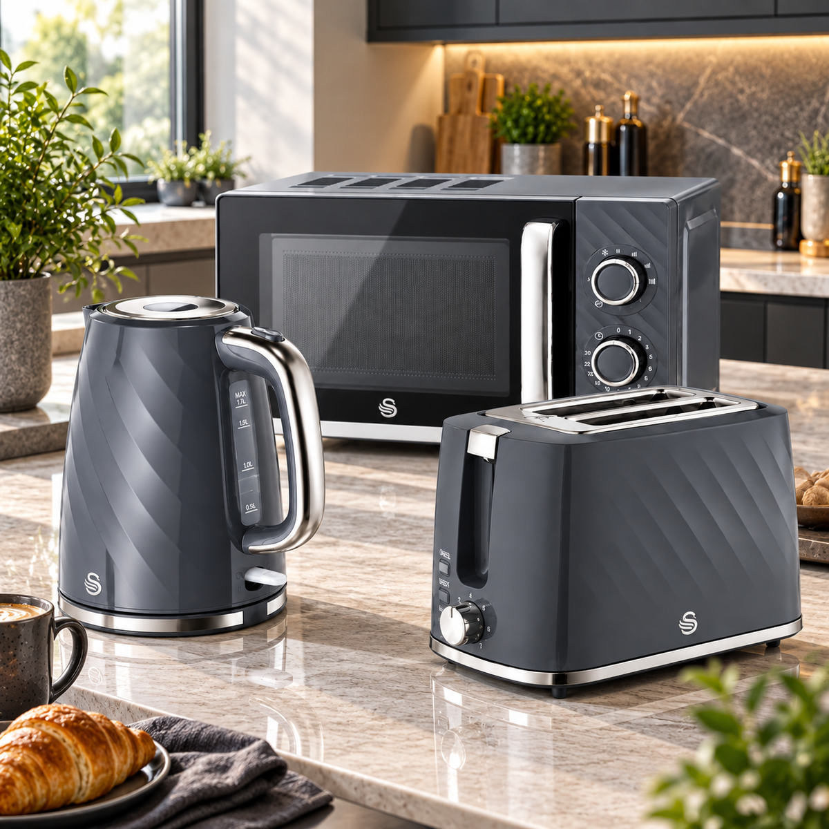 Swan Swan Windsor Kettle, 2 Slice Toaster & Microwave Kitchen Set (Grey)