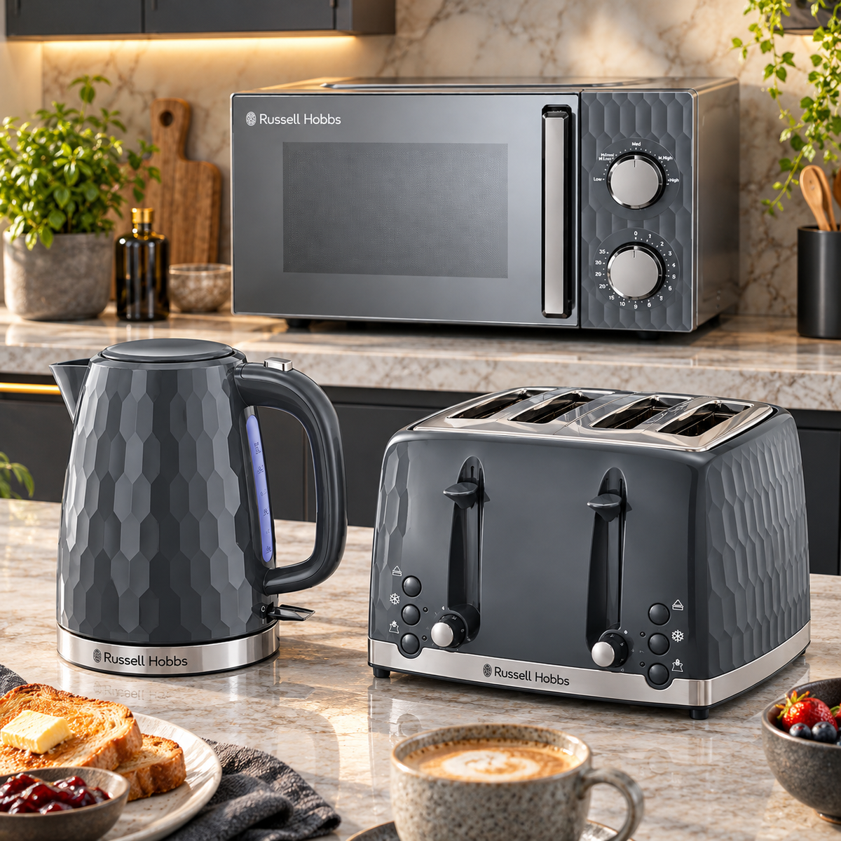 Russell Hobbs Russell Hobbs Honeycomb Kettle, 4 Slice Toaster & Manual Microwave Kitchen Set (Grey)