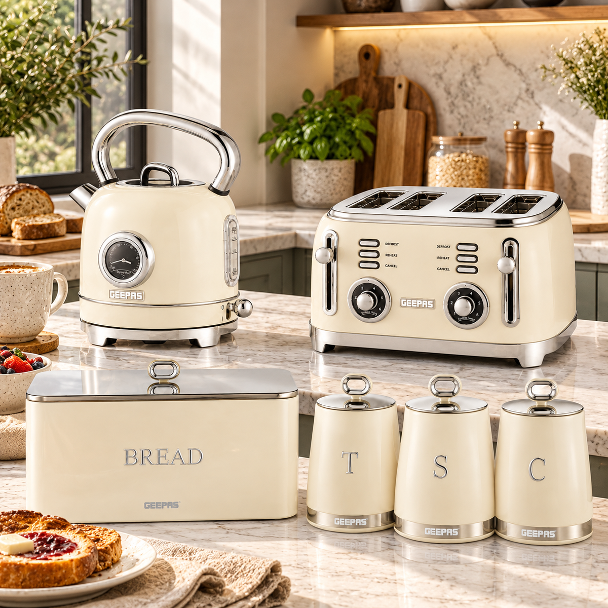 Geepas GEEPAS Retrovive Kettle, 4 Slice Toaster, Bread Bin & Canisters Kitchen Set (Cream)