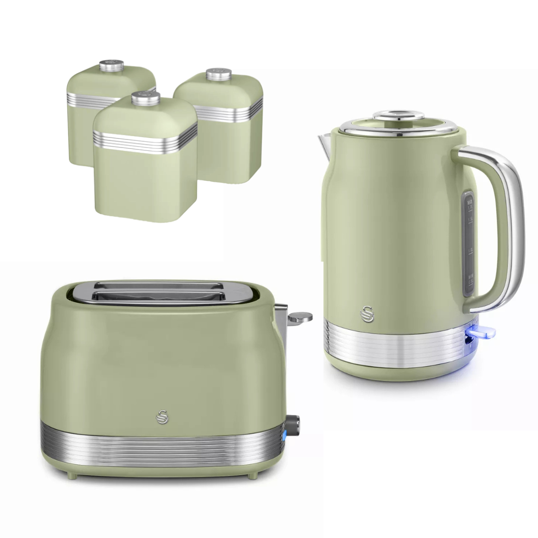 Swan Swan Retro Jug Kettle, 2 Slice Toaster & Canisters Kitchen Set (Green)