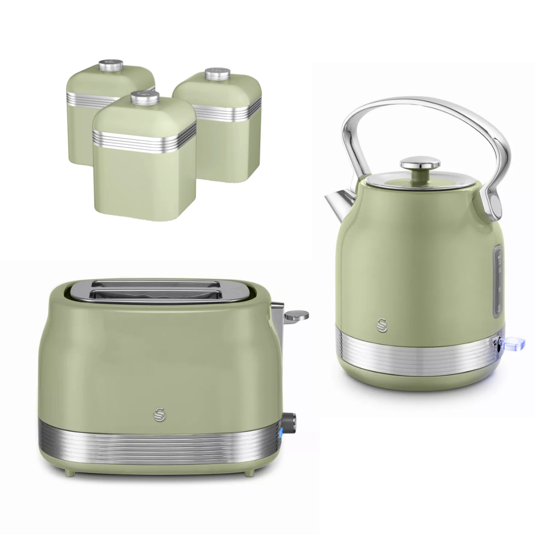 Swan Swan Retro Pyramid Kettle, 2 Slice Toaster & Canister Kitchen Set (Green)