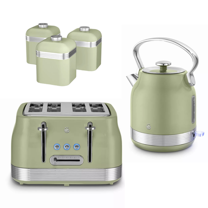 Swan Swan Retro Pyramid Kettle, 4 Slice Toaster & Canisters Kitchen Set (Green)
