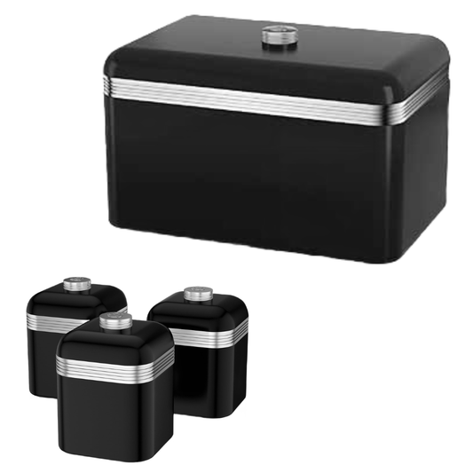 A set of black metal canisters with silver horizontal stripes and silver screw-top lids, shown on a plain white background. One larger canister is positioned at the top right, and three smaller matching canisters are grouped at the bottom left.