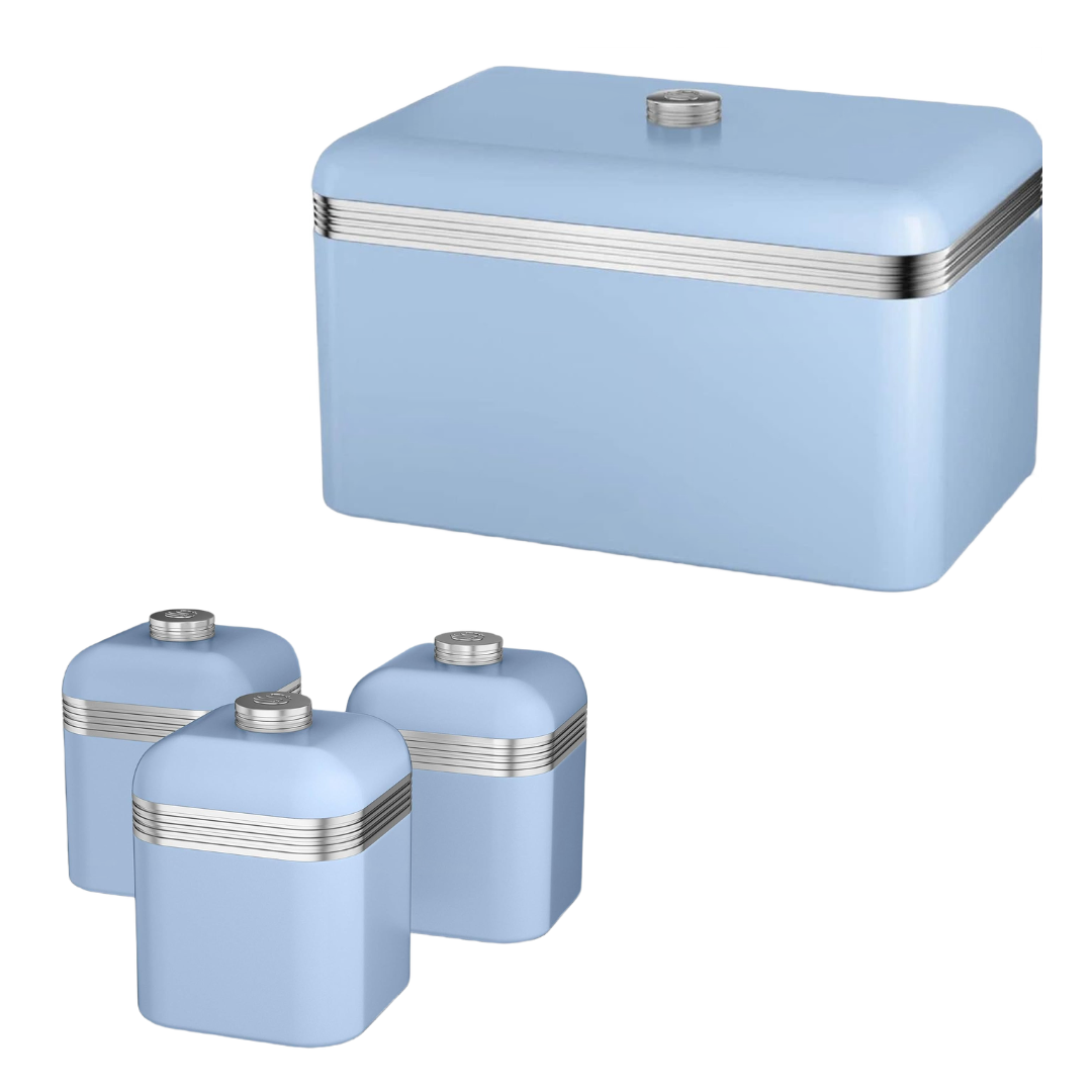 Blue kitchen storage set with large bread bin and three smaller canisters