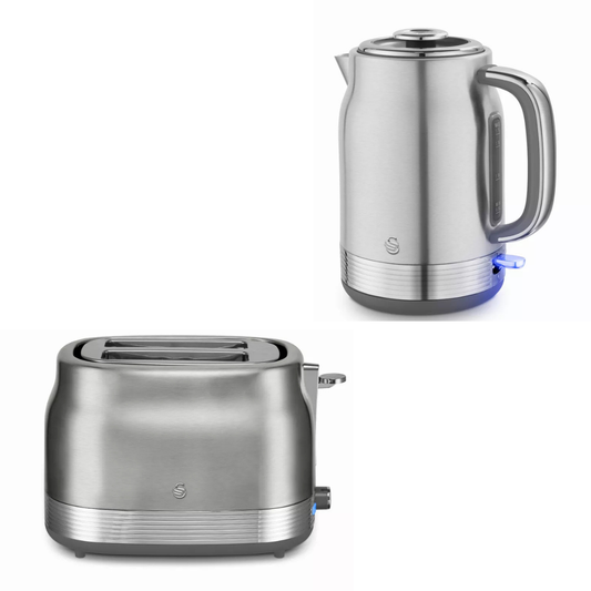 A stainless steel electric kettle and a matching two-slot toaster shown on a clean white background, with the kettle positioned upper right and the toaster upper left.