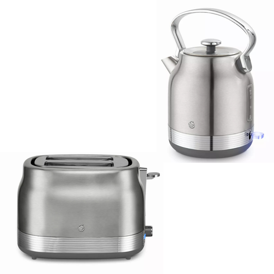 Swan Retro Pyramid Kettle & 2 Slice Toaster Kitchen Set Silver (Stainless Steel)