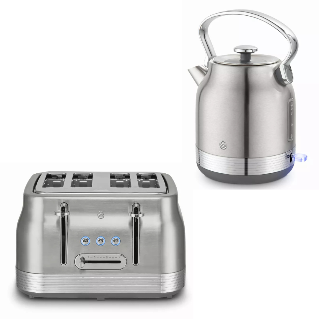 Stainless steel retro kettle with handle and 4-slice toaster base, silver finish