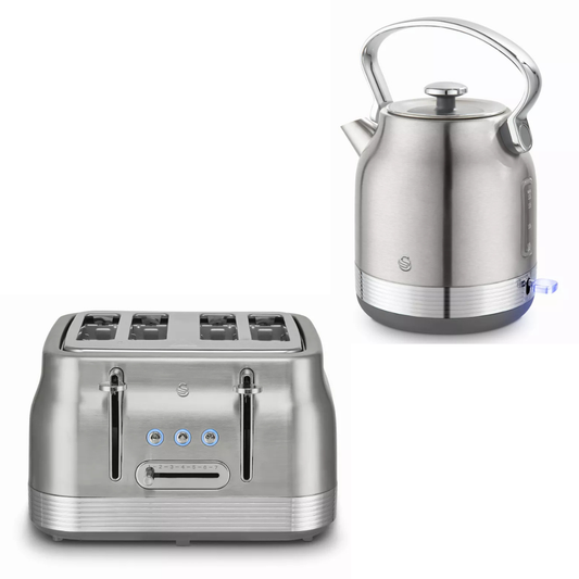 A stainless steel 4-slot toaster and a matching stainless steel electric kettle, shown on a plain white background.