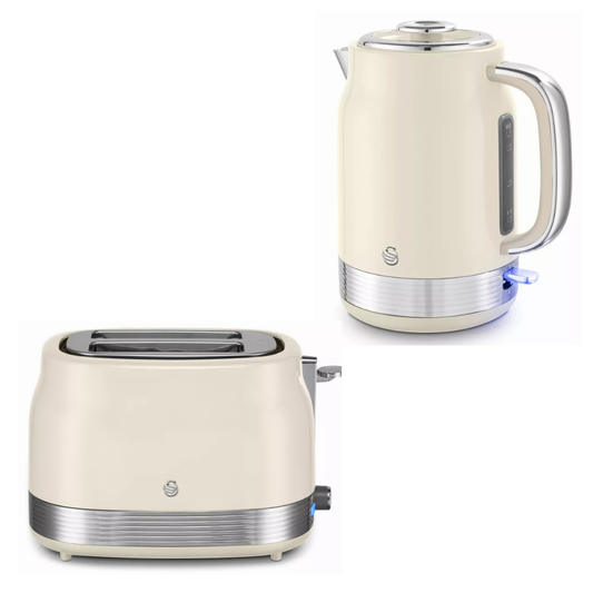 Cream-colored retro electric toaster and matching electric kettle with silver accents, shown on a plain white background.