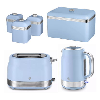 Swan Swan Retro Jug Kettle, 2 Slice Toaster, Bread Bin & Canisters Kitchen Set (Blue)