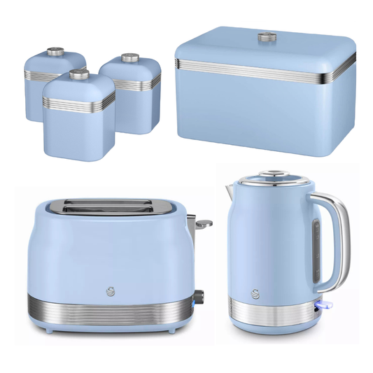 A matching kitchen appliance set in light blue with silver accents, including a toaster, electric kettle, storage box, and three canisters, arranged on a white background.