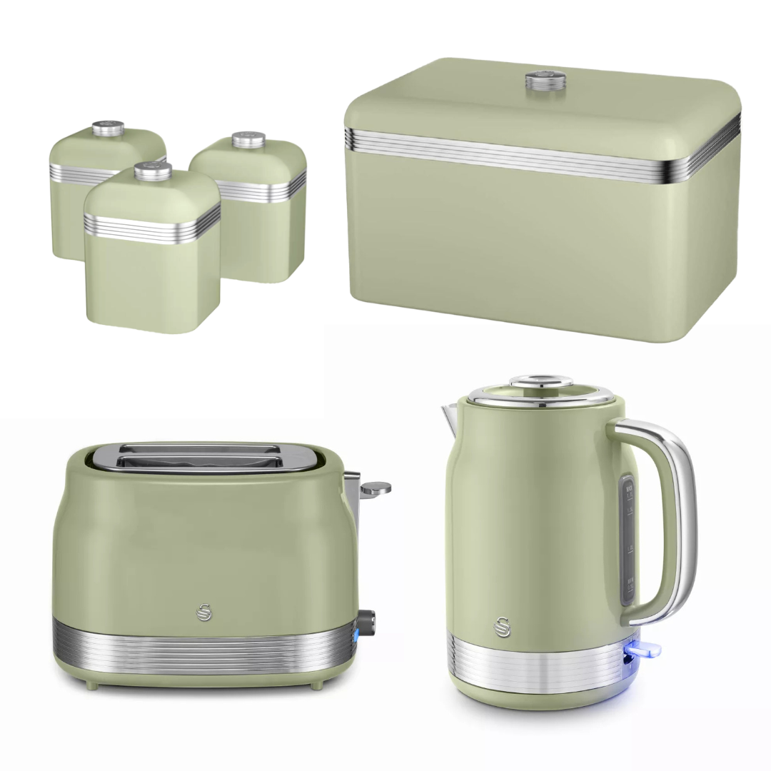 Swan Swan Retro Jug Kettle, 2 Slice Toaster, Bread Bin & Canisters Kitchen Set (Green)