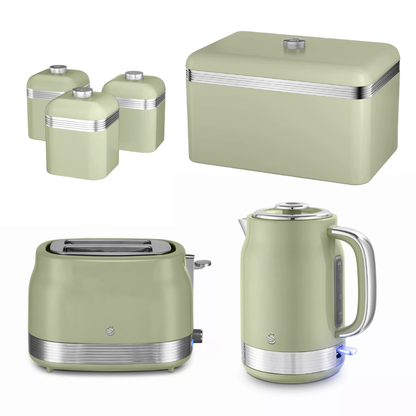 Swan Swan Retro Jug Kettle, 2 Slice Toaster, Bread Bin & Canisters Kitchen Set (Green)