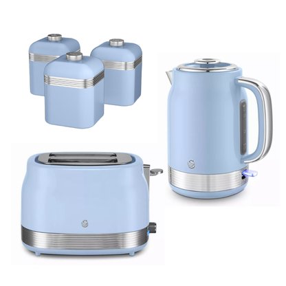 A matching kitchen appliance set in a light pastel blue color with silver metallic accents, including a two-slot toaster, an electric kettle, and three canisters, arranged on a plain white background.