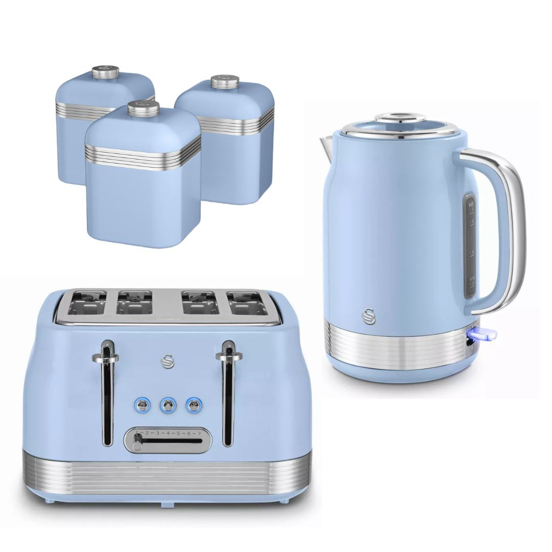 Swan Swan Retro Jug Kettle, 4 Slice Toaster & Canisters Kitchen Set (Blue)