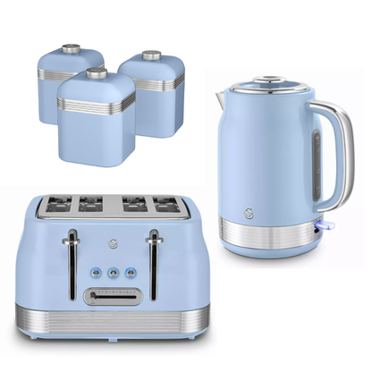 Swan Swan Retro Jug Kettle, 4 Slice Toaster & Canisters Kitchen Set (Blue)