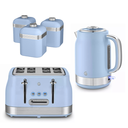 A matching kitchen appliance set in a light pastel blue with silver metallic accents, including a four-slot toaster, a kettle, and three canisters, shown on a plain white background.