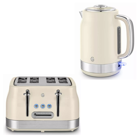 Cream-colored retro-style kitchen appliances shown on a white background: a four-slot toaster in the foreground and an electric kettle behind it.