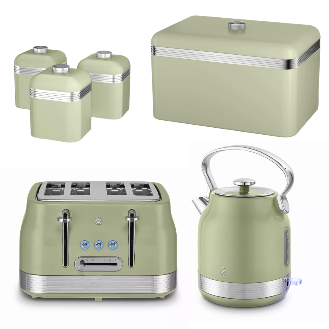 Swan Swan Retro Pyramid Kettle, 4 Slice Toaster, Bread Bin & Canisters Kitchen Set (Green)