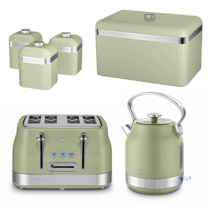 Swan Swan Retro Pyramid Kettle, 4 Slice Toaster, Bread Bin & Canisters Kitchen Set (Green)