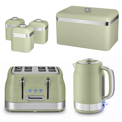 Swan Swan Retro Jug Kettle, 4 Slice Toaster, Bread Bin, Canisters Kitchen Set (Green)