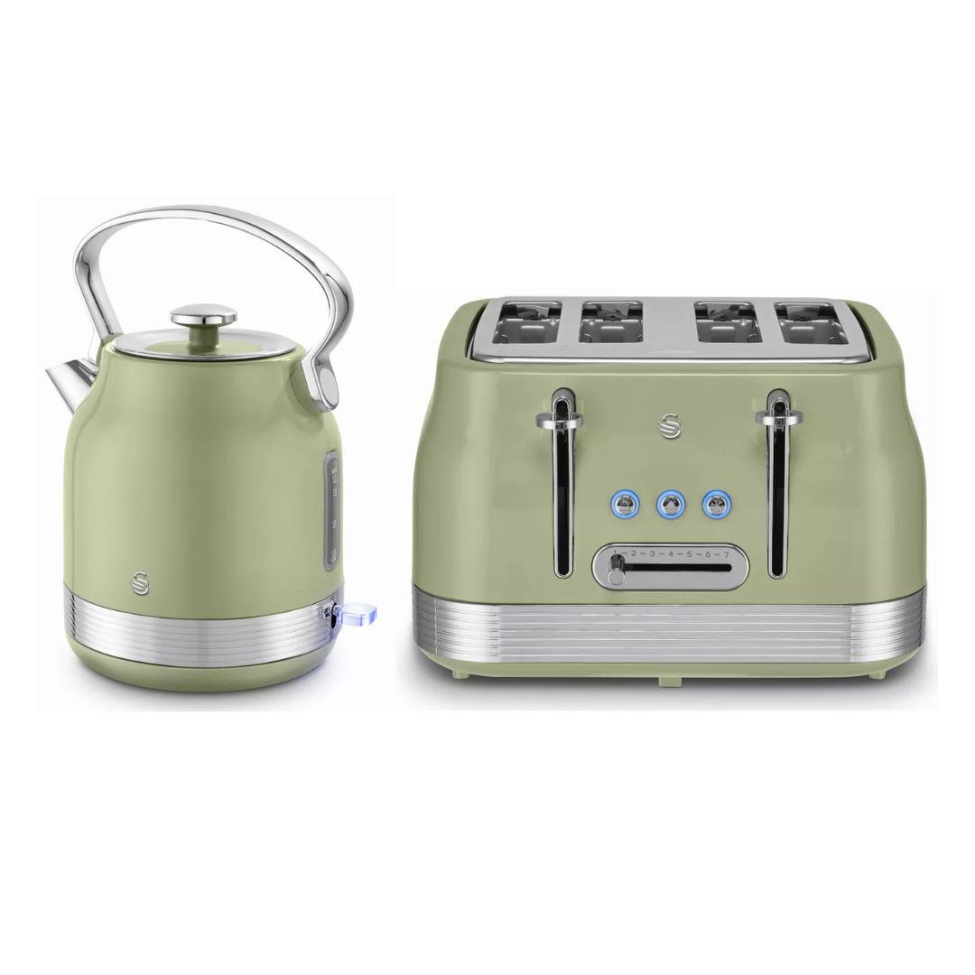 Swan Swan Retro Pyramid Kettle & 4 Slice Toaster Kitchen Set (Green)