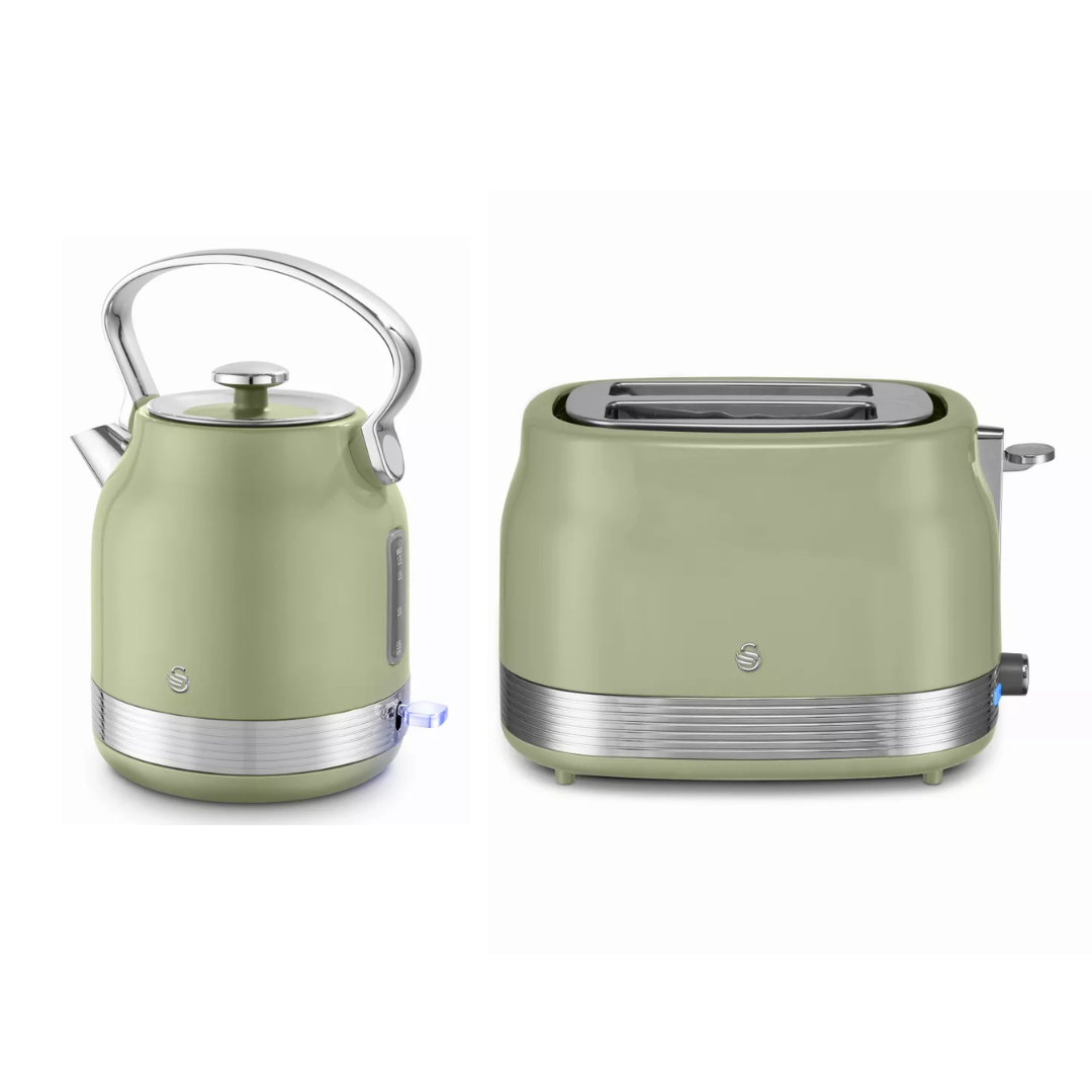 Swan Swan Retro Pyramid Kettle & 2 Slice Toaster Kitchen Set (Green)