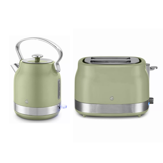 A retro-style kitchen appliance set featuring a sage green electric kettle and a matching two-slot toaster with brushed silver accents, shown on a plain white background.