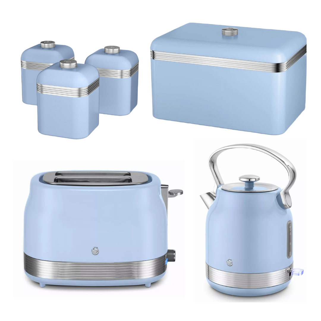 Swan Swan Retro Pyramid Kettle, 2 Slice Toaster, Bread Bin & Canisters Kitchen Set (Blue)