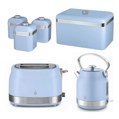 Swan Swan Retro Pyramid Kettle, 2 Slice Toaster, Bread Bin & Canisters Kitchen Set (Blue)