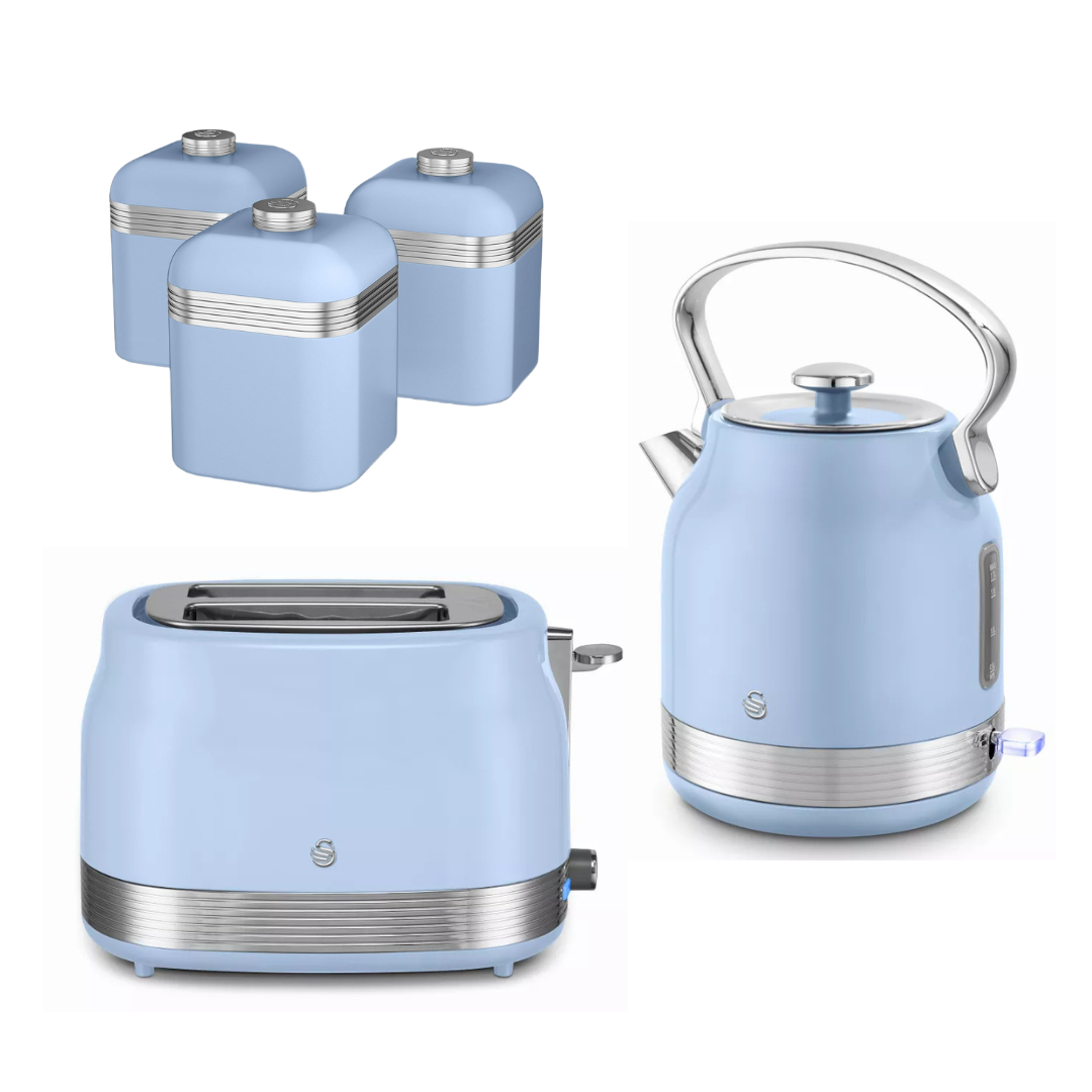 Swan Swan Retro Pyramid Kettle, 2 Slice Toaster & Canisters Kitchen Set (Blue)