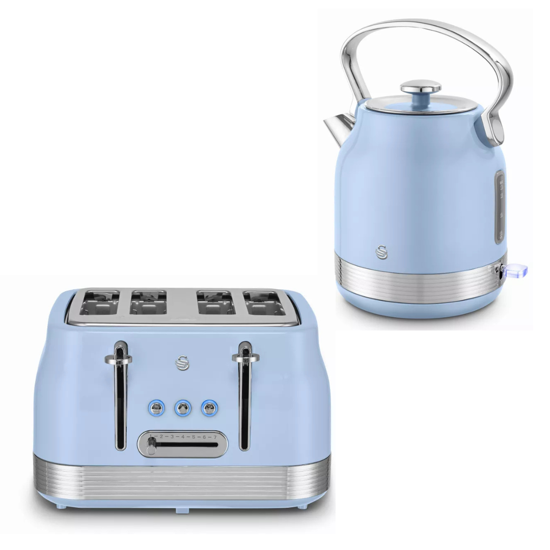Blue retro pyramid electric kettle and 4-slice toaster set, chrome handles and controls