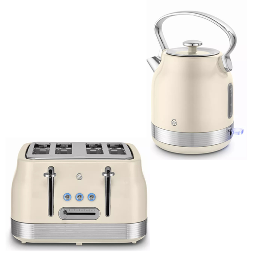 Swan Retro Pyramid Kettle & 4 Slice Toaster Kitchen Set (Chantilly Cream)