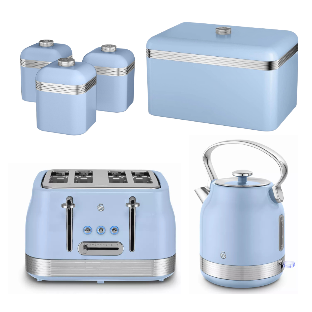 Blue retro kitchen canister set with bread bin, 4-slice toaster and kettle