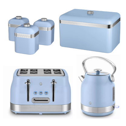Blue retro kitchen canister set with bread bin, 4-slice toaster and kettle