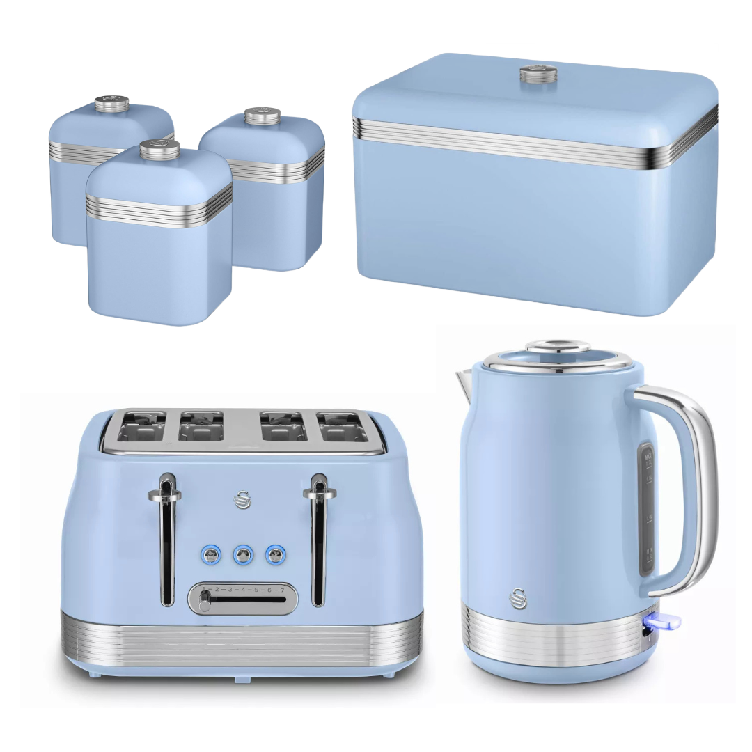 Swan Swan Retro Jug Kettle, 4 Slice Toaster, Bread Bin & Canisters Kitchen Set (Blue)