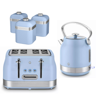 Swan Swan Retro Pyramid Kettle, 4 Slice Toaster & Canisters Kitchen Set (Blue)