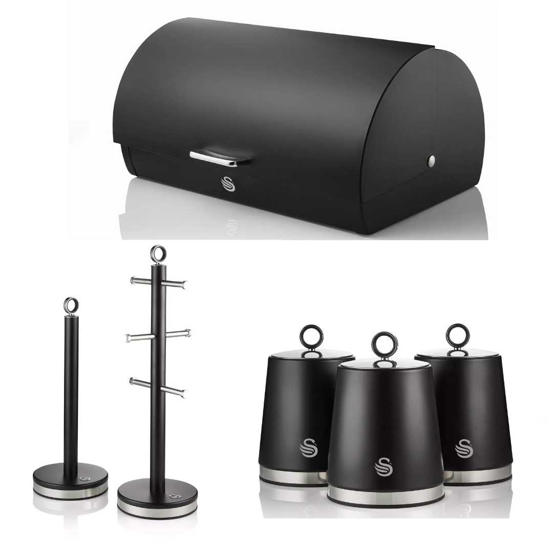 Swan Serenity Bread Bin, Canisters, Mug Tree & Towel Pole Set (Black)