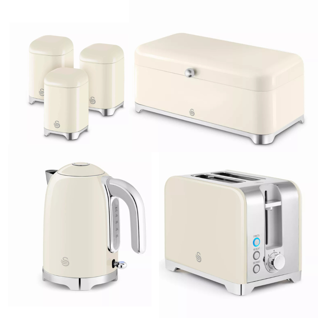 Swan Solace Jug Kettle, 2 Slice Toaster, Bread Bin & Canisters (Cream)