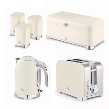 Swan Solace Jug Kettle, 2 Slice Toaster, Bread Bin & Canisters (Cream)