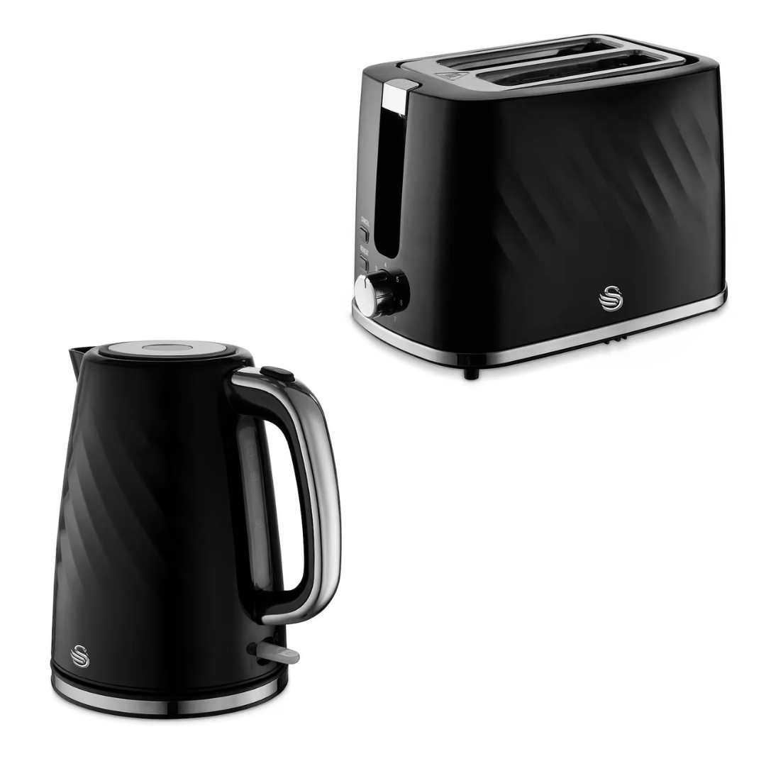 Black Swan electric kettle and two-slice toaster set on a plain white background.