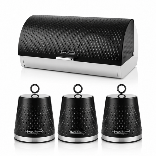 Black textured bread bin and three matching canisters with lids, Swan Elegance logo