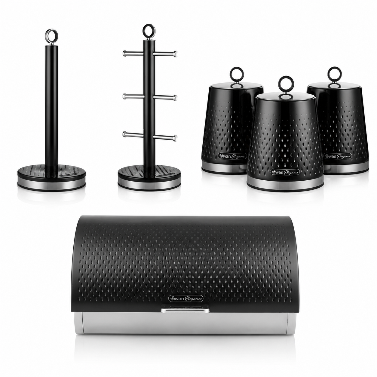 Swan Swan Elegance Bread Bin, Canisters, Mug Tree & Towel Pole Storage Set (Black)