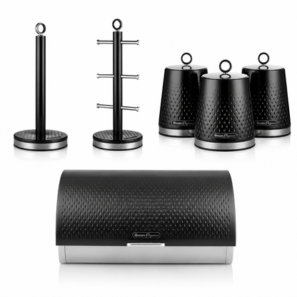 Swan Swan Elegance Bread Bin, Canisters, Mug Tree & Towel Pole Storage Set (Black)