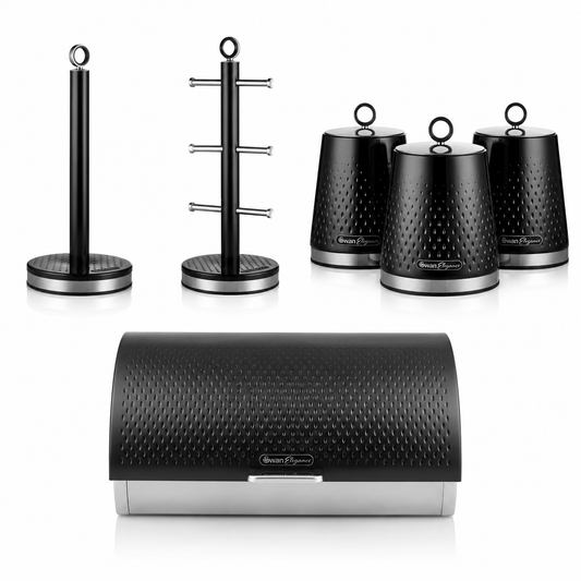 Black countertop kitchen storage set with bread bin, 4 canisters, and mug holder stand