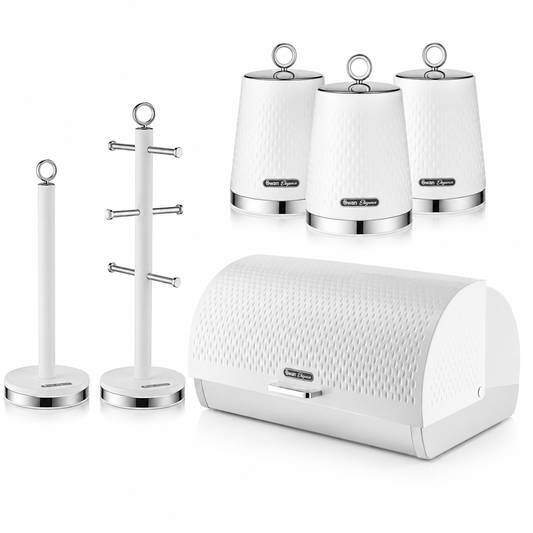 White Swan bread bin with textured body, plus matching canisters, mug tree, and towel pole
