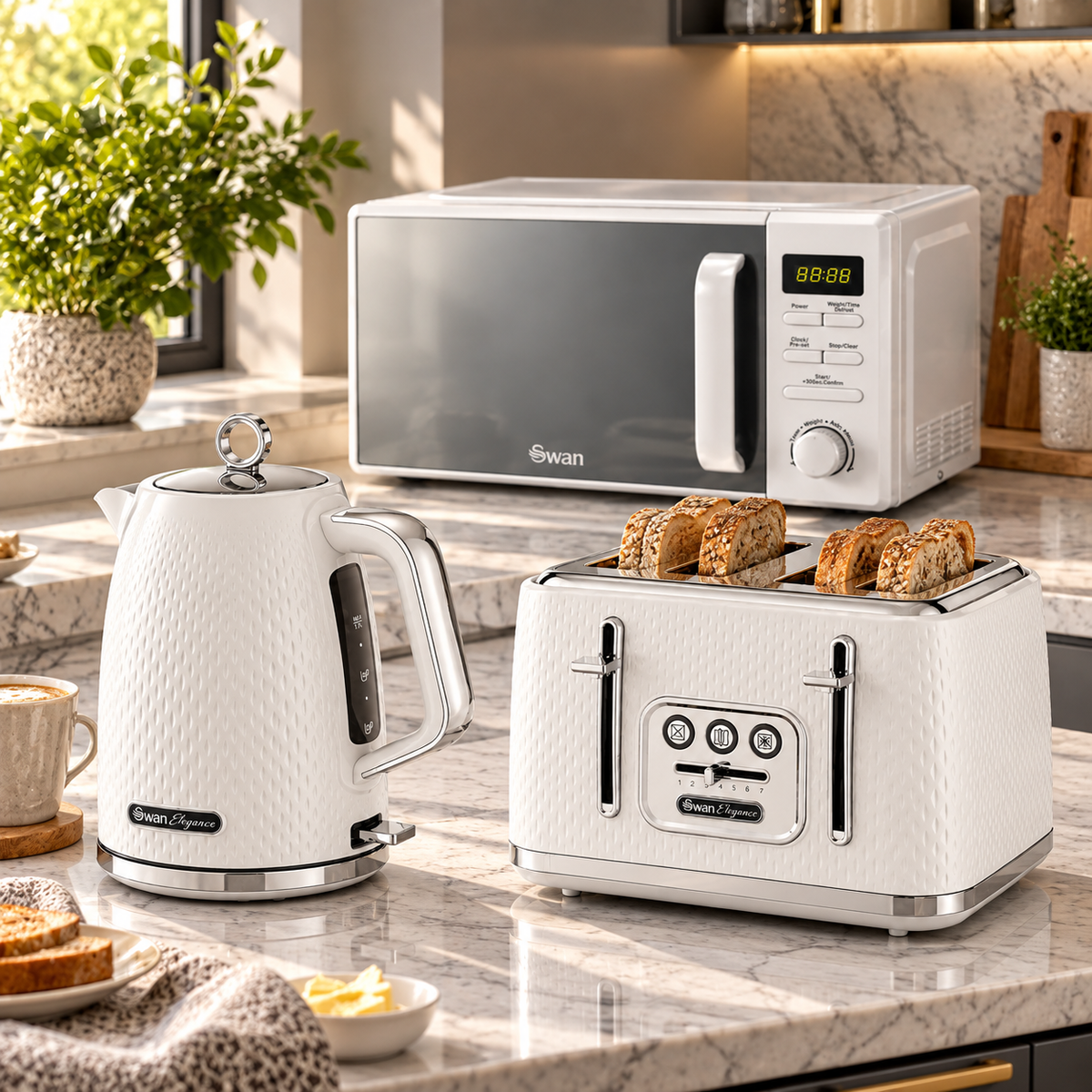 Swan Swan Elegance Jug Kettle, 4 Slice Toaster & Microwave Kitchen Set (White)